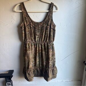 Ecote Brown Beaded Paisley Tiered Mini Dress with Pockets‎ Sz M